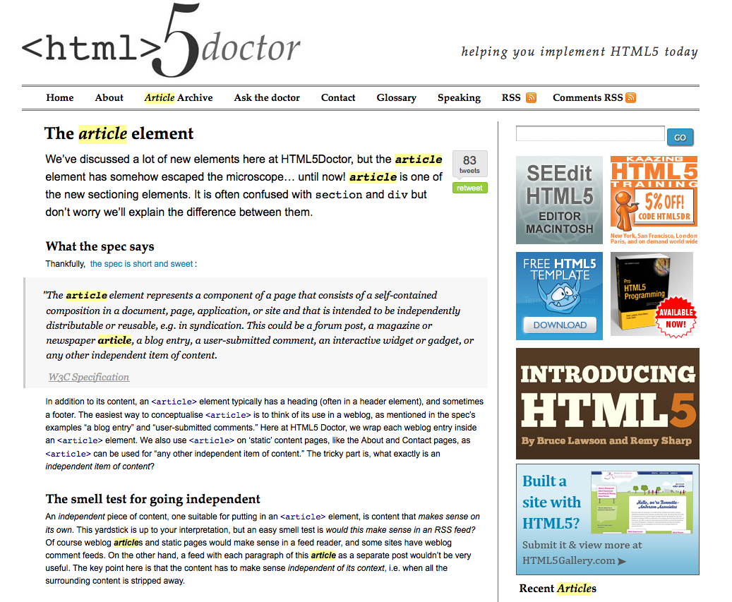 Captura de pantalla del blog de HTML5 doctor con el mark destacado