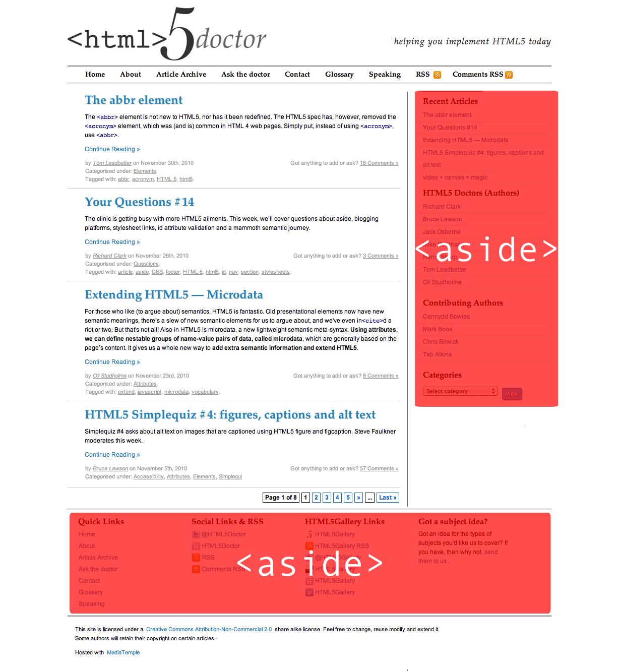 Captura de pantalla del blog de HTML5 doctor con el aside destacado